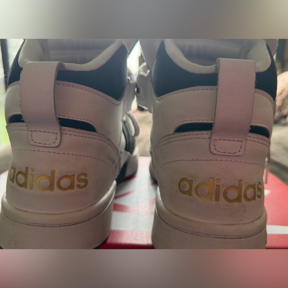 Men’s size 12 Adidas White High-Top Sneakers with Black Stripes - Picture 2 of 10